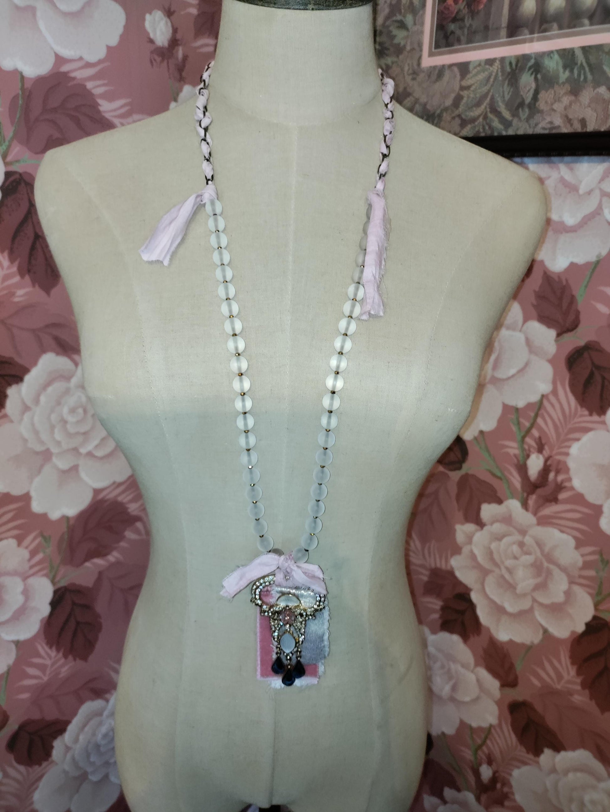 Frosted Glass Bead Necklace: Vintage Brooch Pendant, Sari Silk Ribbon