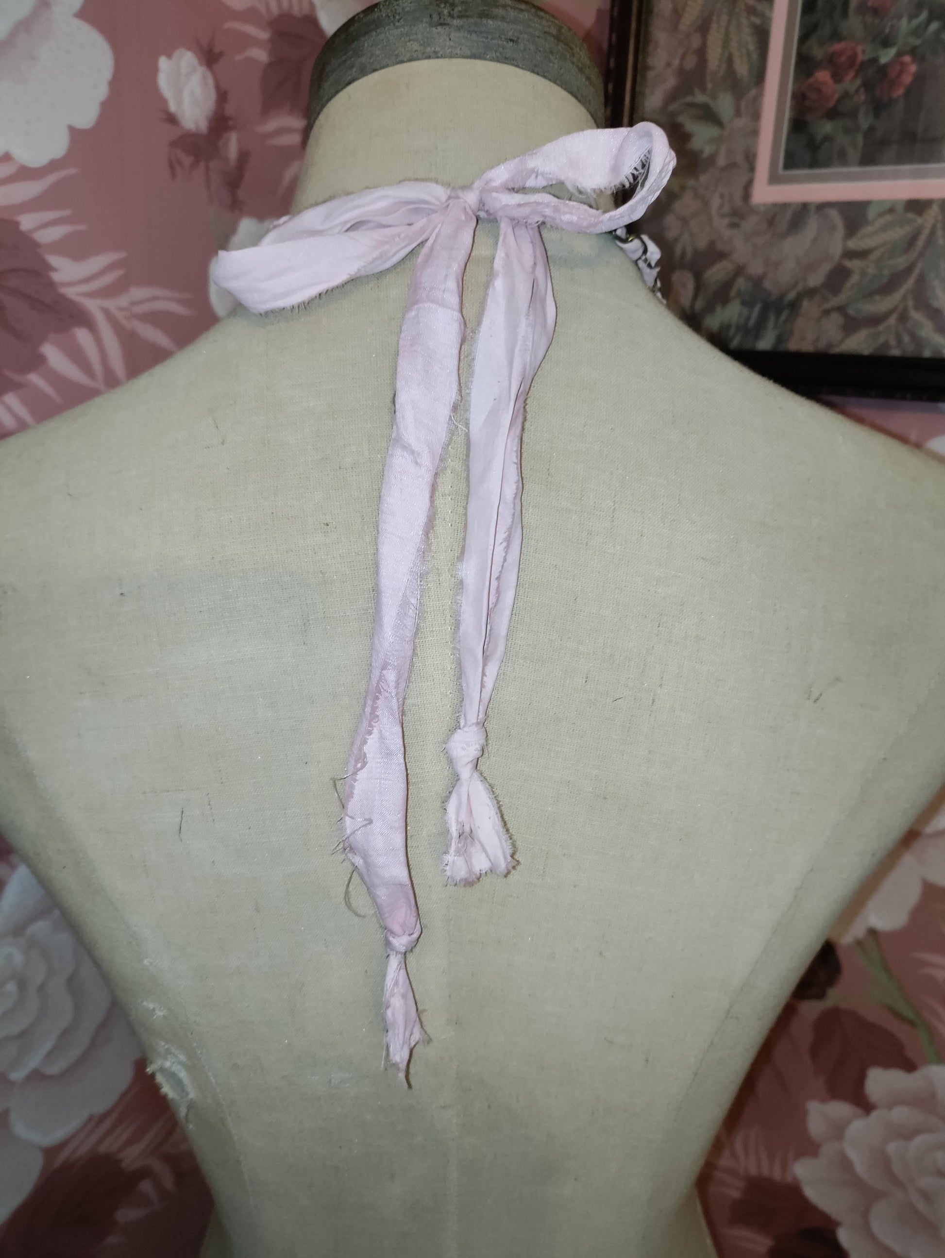 Frosted Glass Bead Necklace: Vintage Brooch Pendant, Sari Silk Ribbon