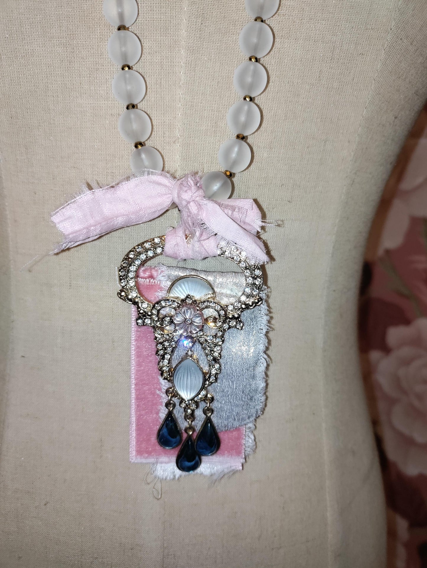 Frosted Glass Bead Necklace: Vintage Brooch Pendant, Sari Silk Ribbon
