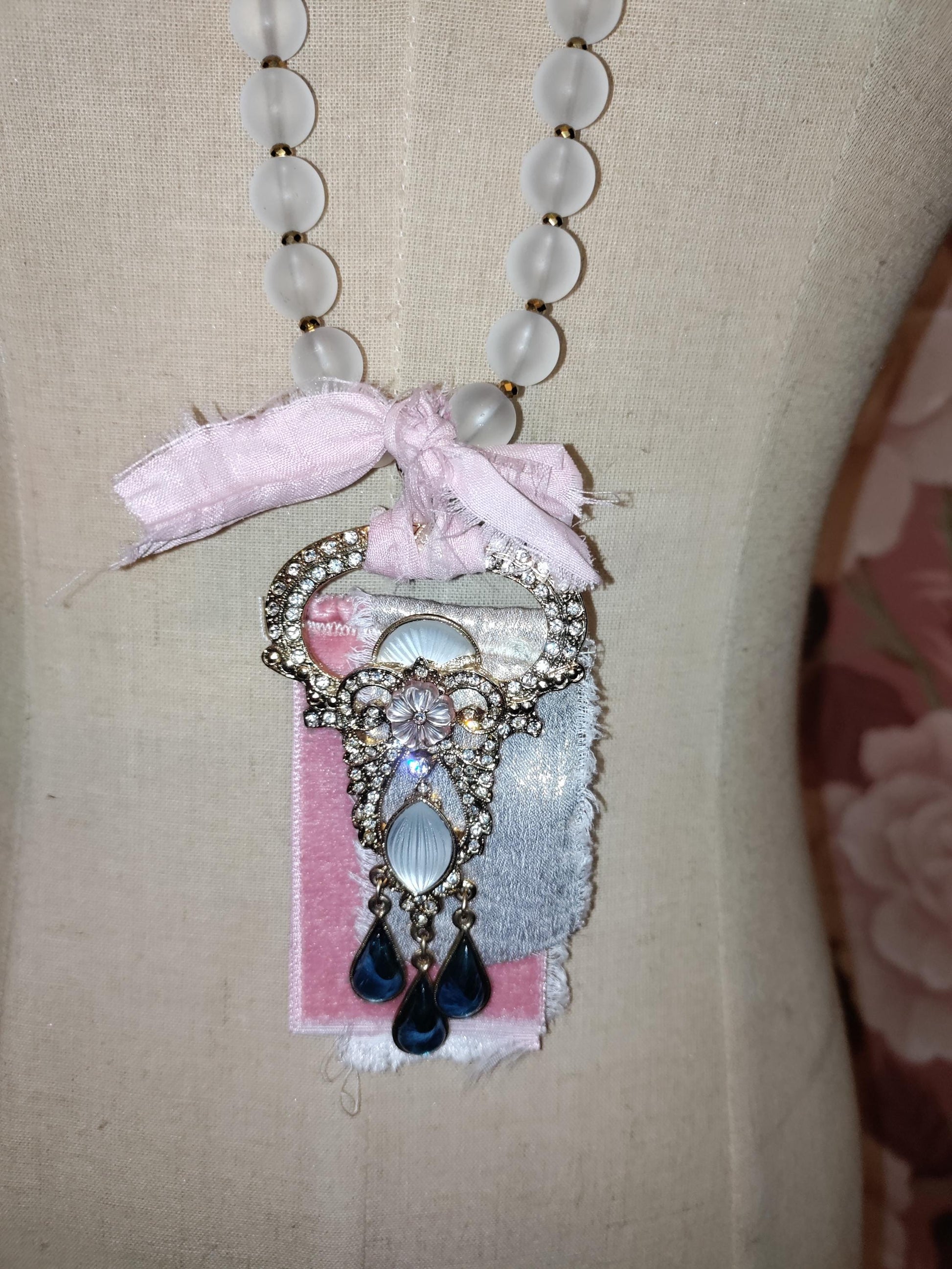 Frosted Glass Bead Necklace: Vintage Brooch Pendant, Sari Silk Ribbon