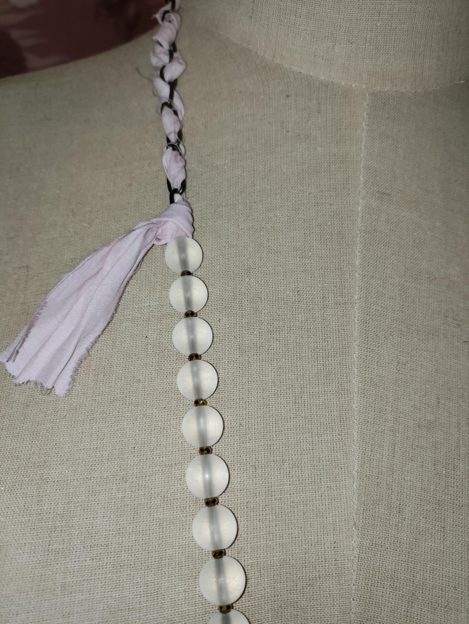 Frosted Glass Bead Necklace: Vintage Brooch Pendant, Sari Silk Ribbon