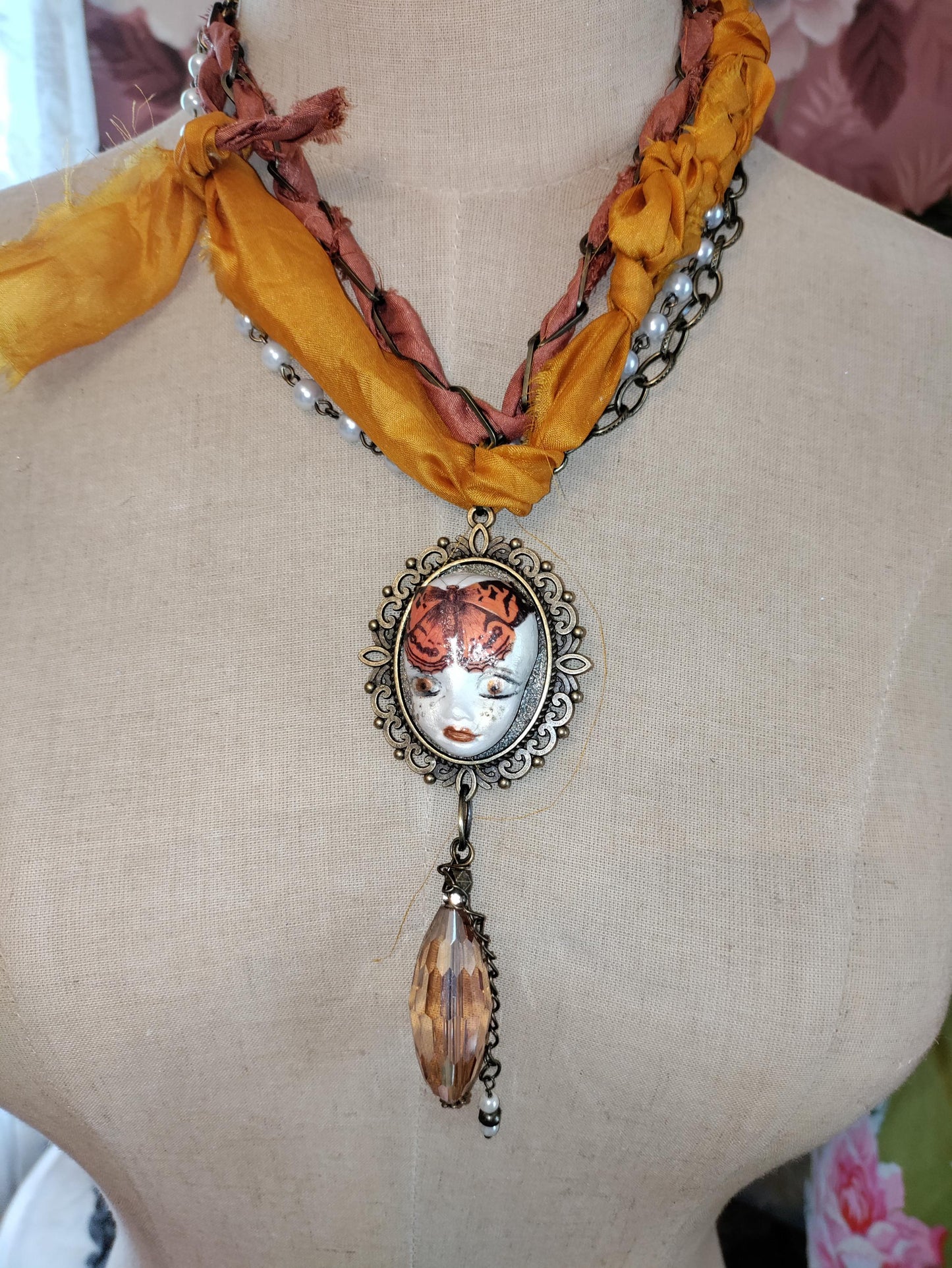Hand Painted Clay Pixie Bliss Face Pendant NecklaceMonarch Butterfly, Sari Silk & Bronze