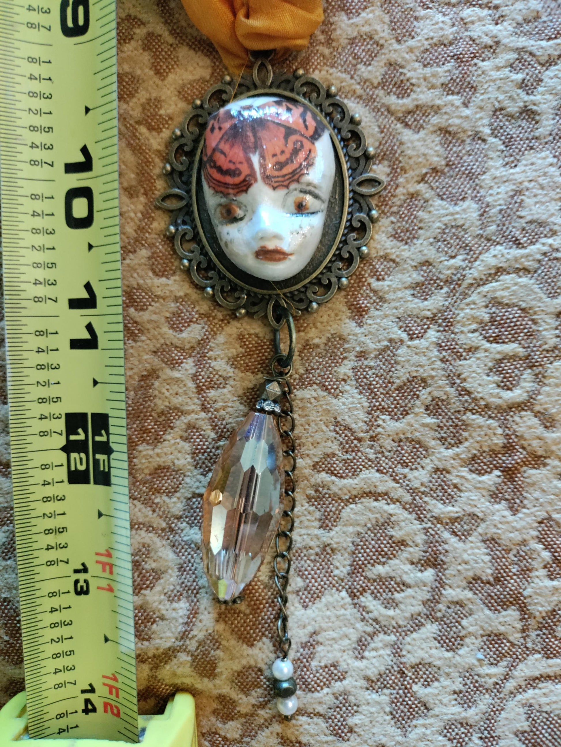 Hand Painted Clay Pixie Bliss Face Pendant NecklaceMonarch Butterfly, Sari Silk & Bronze