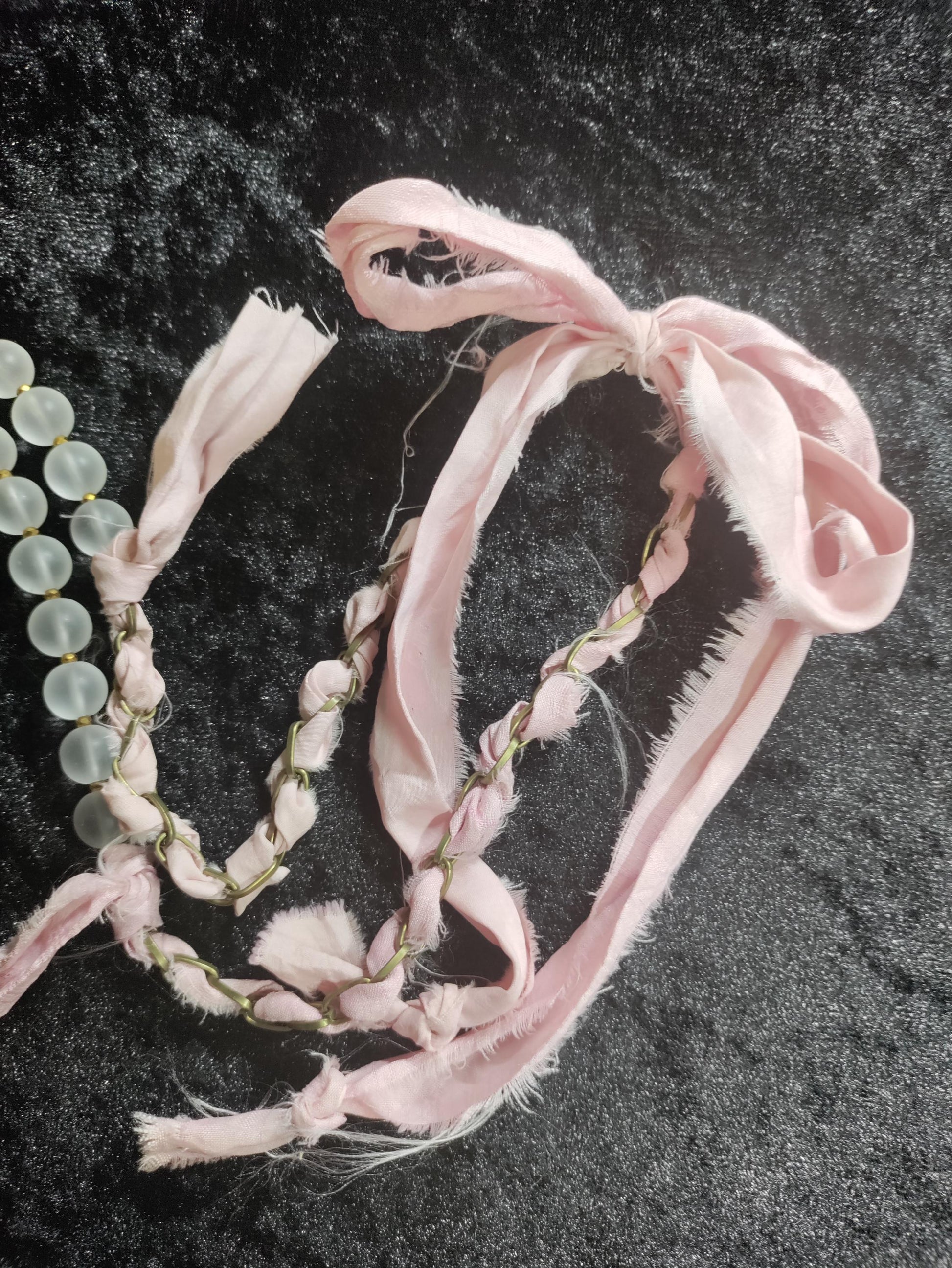 Frosted Glass Bead Necklace: Vintage Brooch Pendant, Sari Silk Ribbon