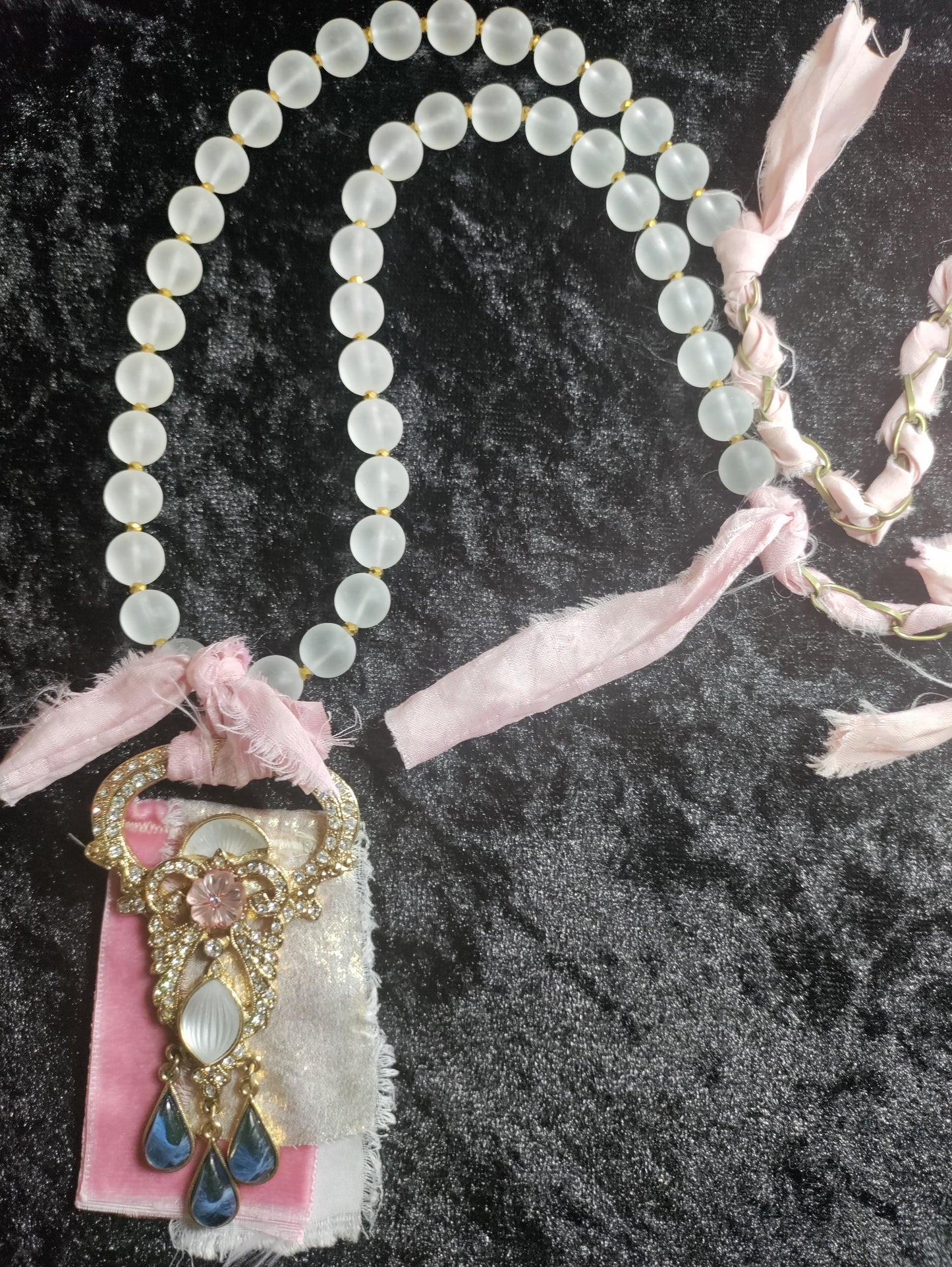 Frosted Glass Bead Necklace: Vintage Brooch Pendant, Sari Silk Ribbon