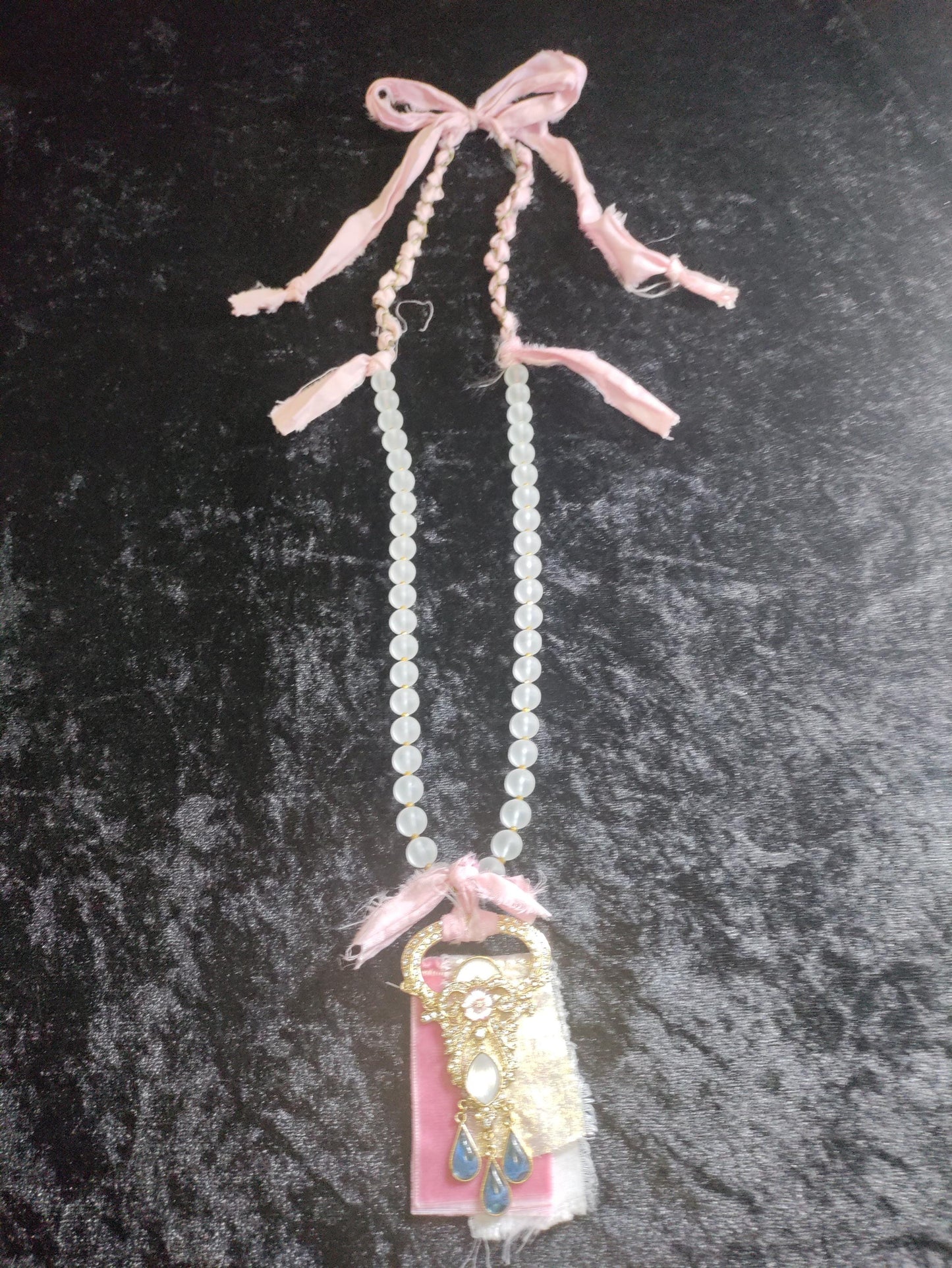 Frosted Glass Bead Necklace: Vintage Brooch Pendant, Sari Silk Ribbon