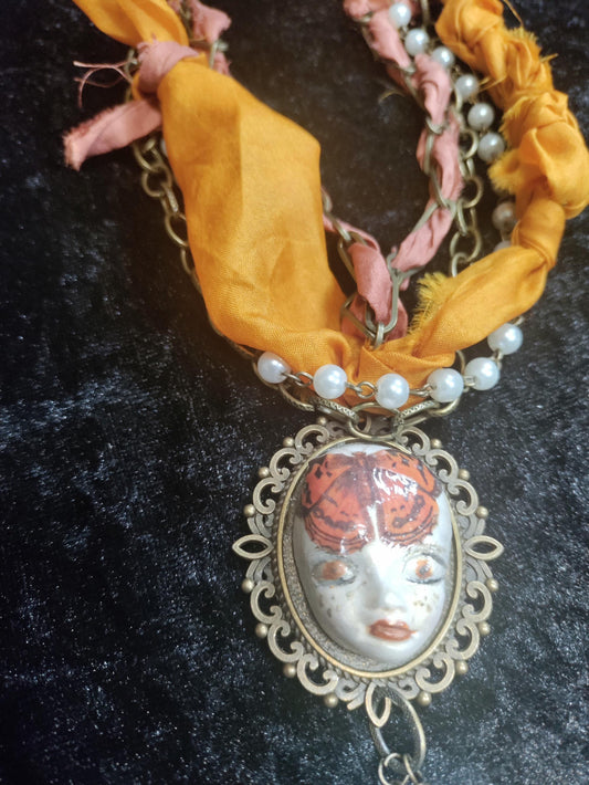 Hand Painted Clay Pixie Bliss Face Pendant NecklaceMonarch Butterfly, Sari Silk & Bronze