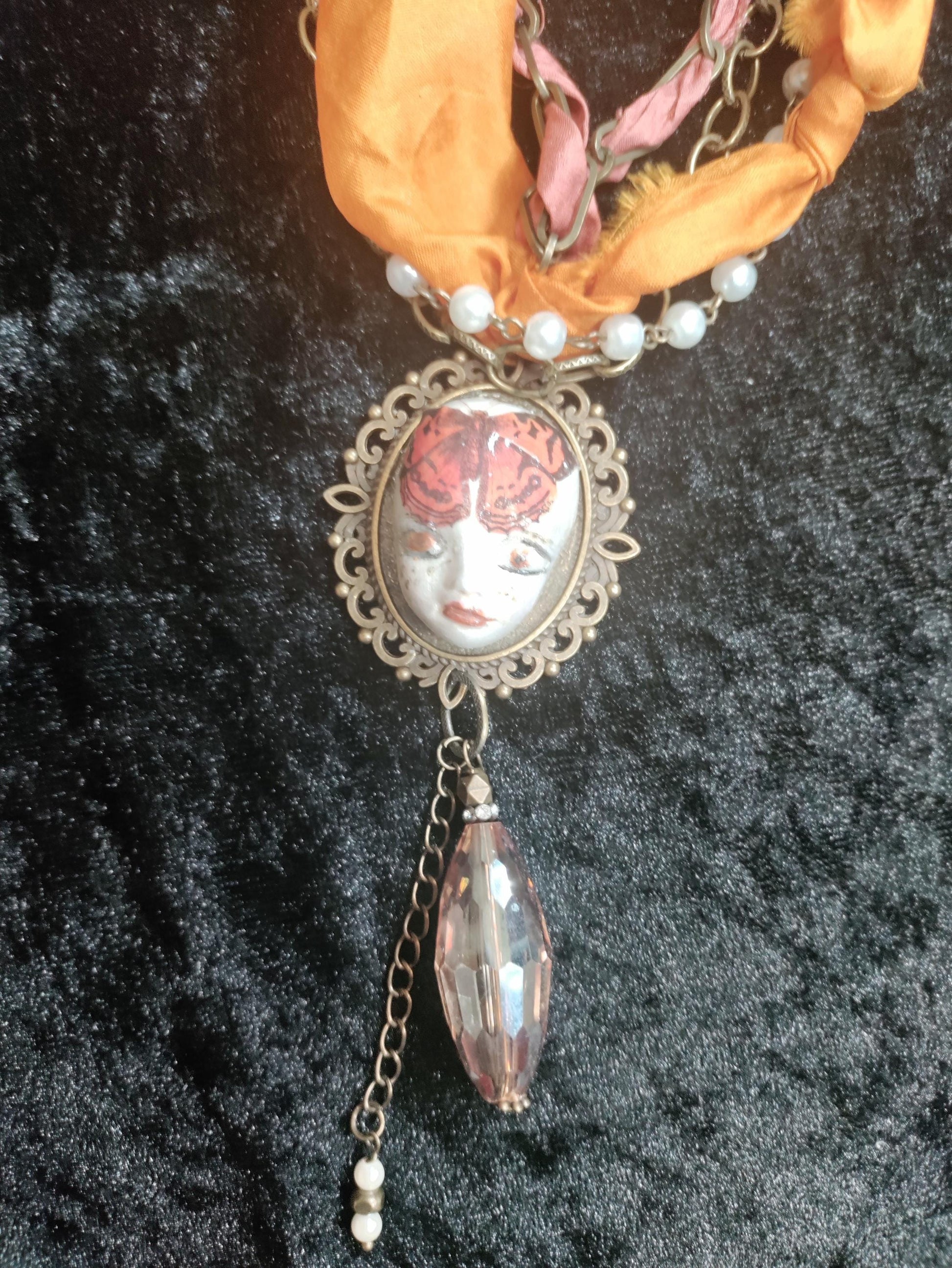 Hand Painted Clay Pixie Bliss Face Pendant NecklaceMonarch Butterfly, Sari Silk & Bronze