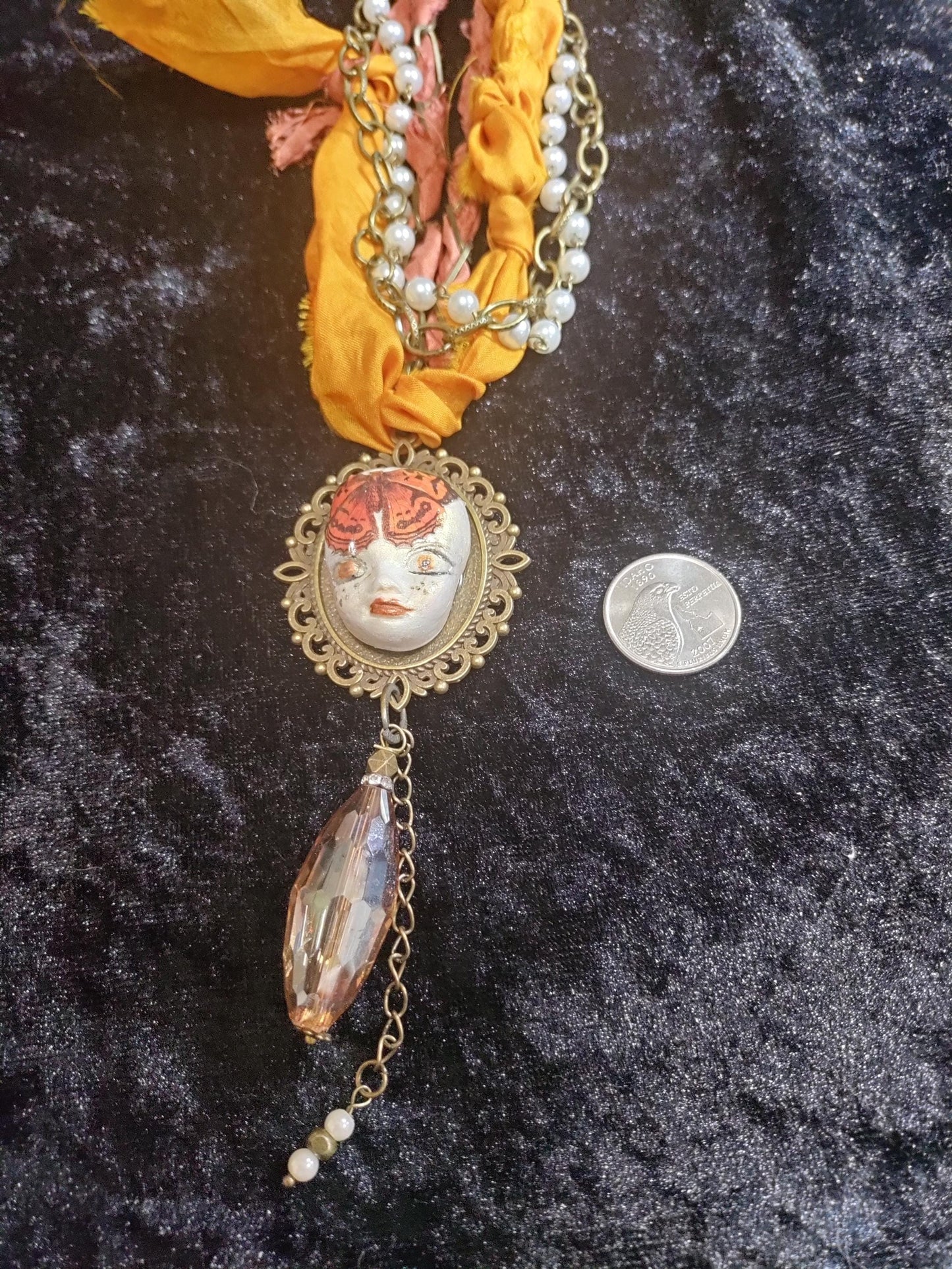 Hand Painted Clay Pixie Bliss Face Pendant NecklaceMonarch Butterfly, Sari Silk & Bronze