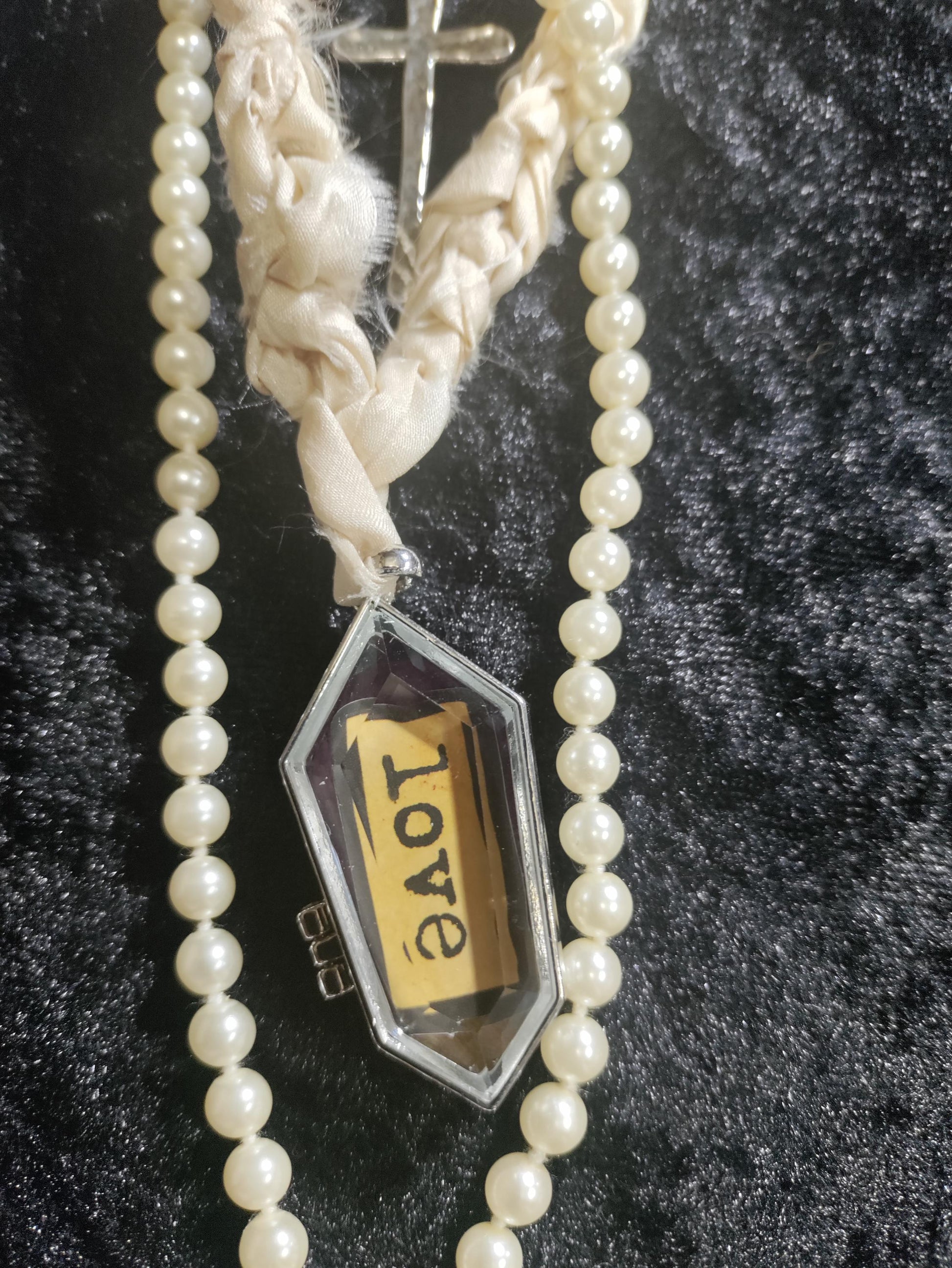Victorian Frozen Charlotte Doll Necklace: vintage Pearls, Coffin pendant with Roses and the word Love.