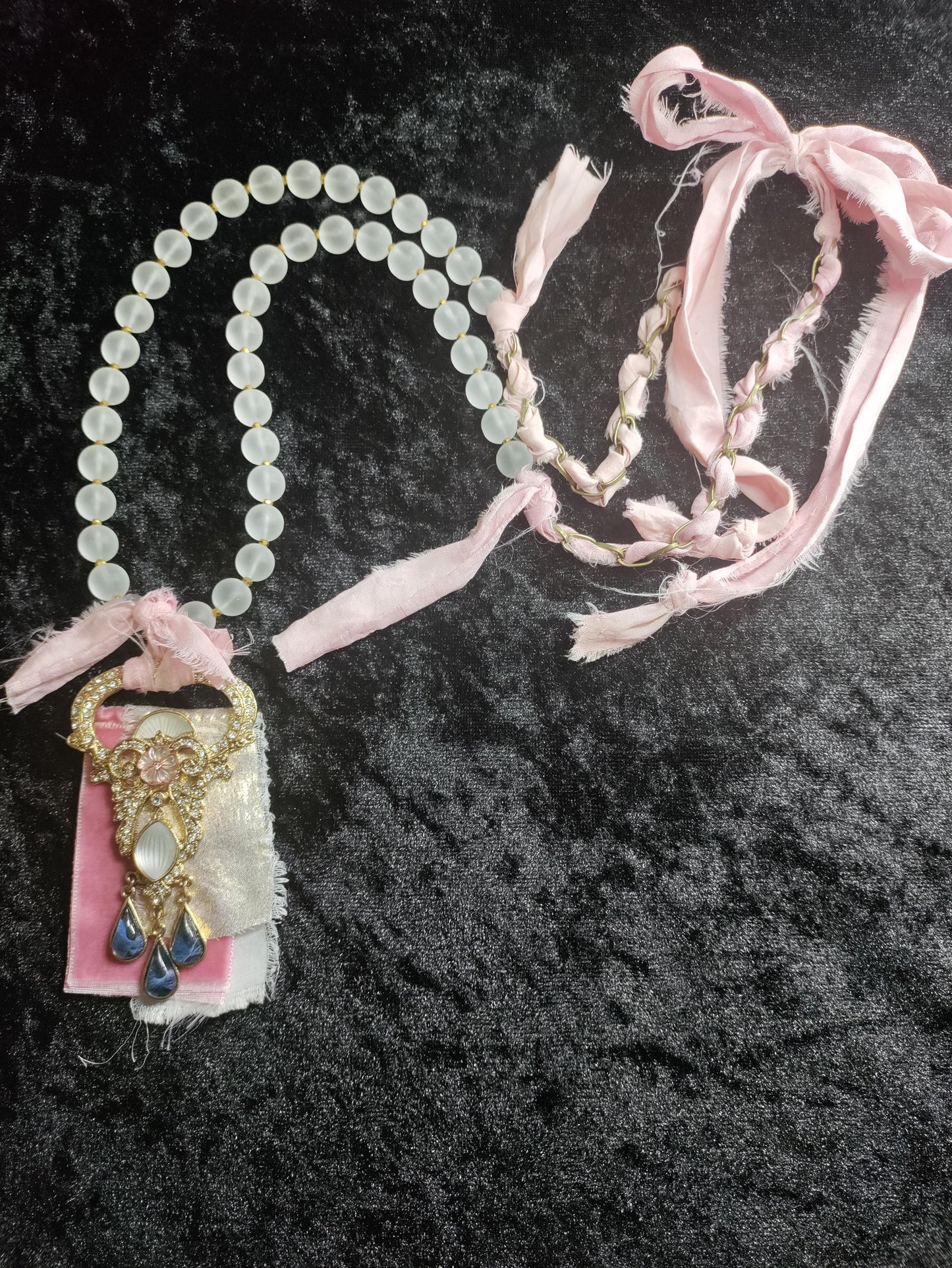 Frosted Glass Bead Necklace: Vintage Brooch Pendant, Sari Silk Ribbon