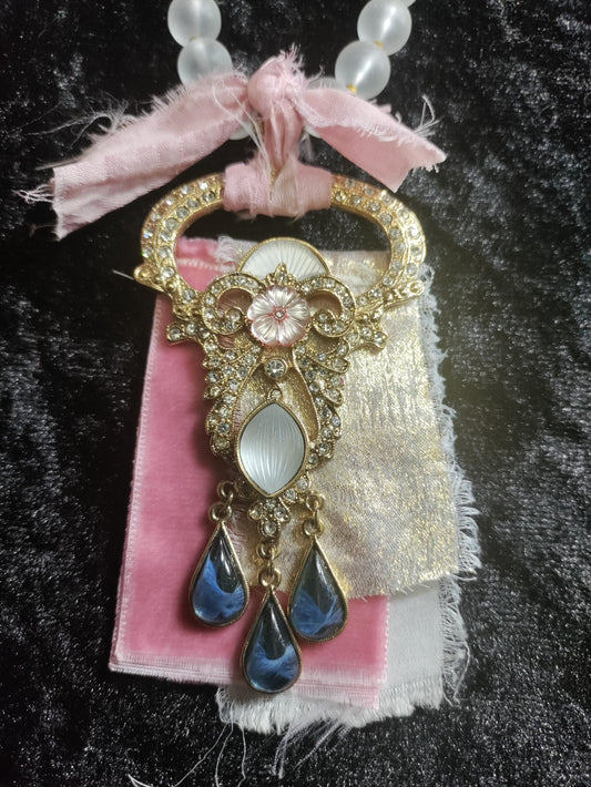 Frosted Glass Bead Necklace: Vintage Brooch Pendant, Sari Silk Ribbon
