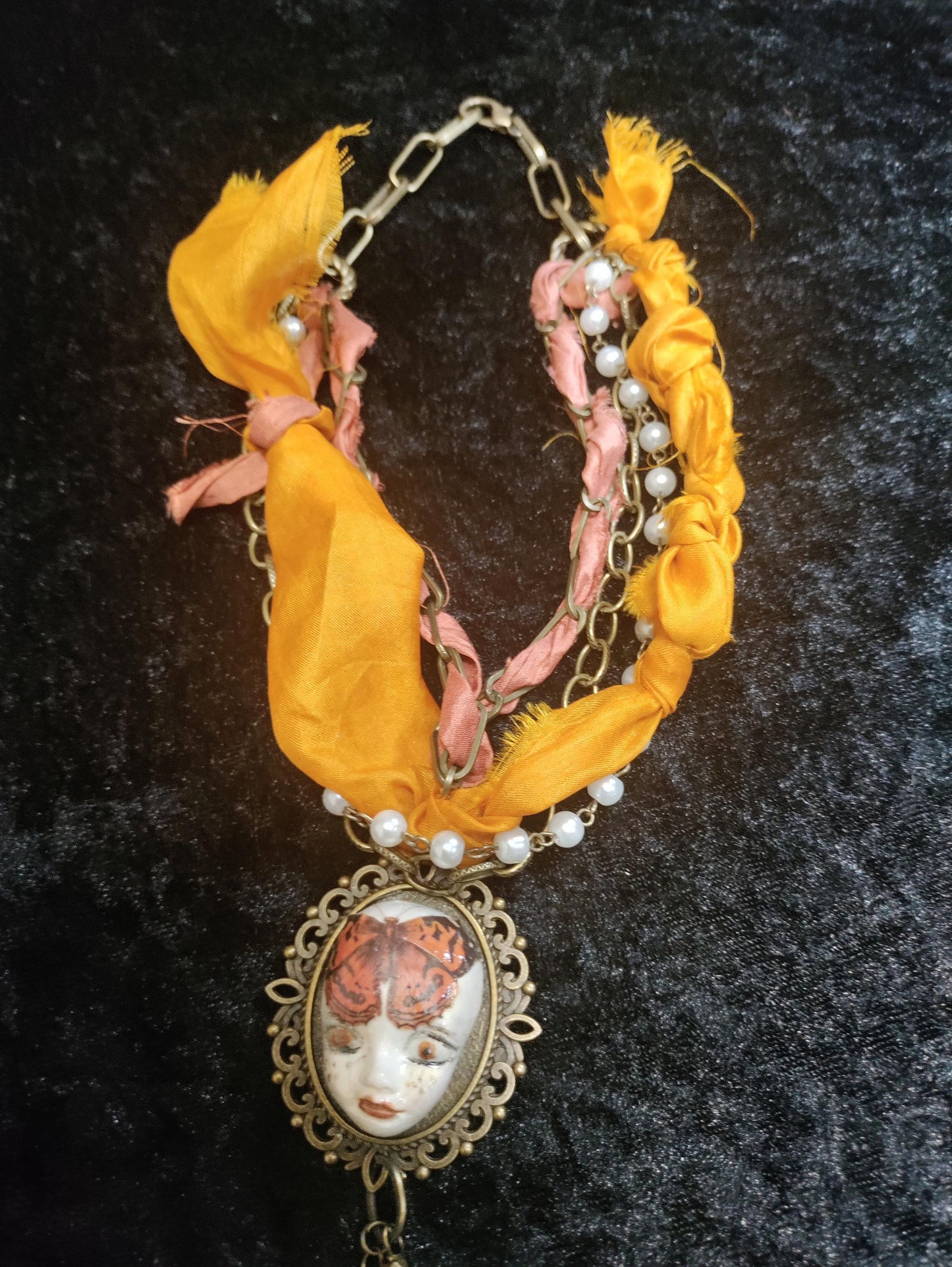 Hand Painted Clay Pixie Bliss Face Pendant NecklaceMonarch Butterfly, Sari Silk & Bronze