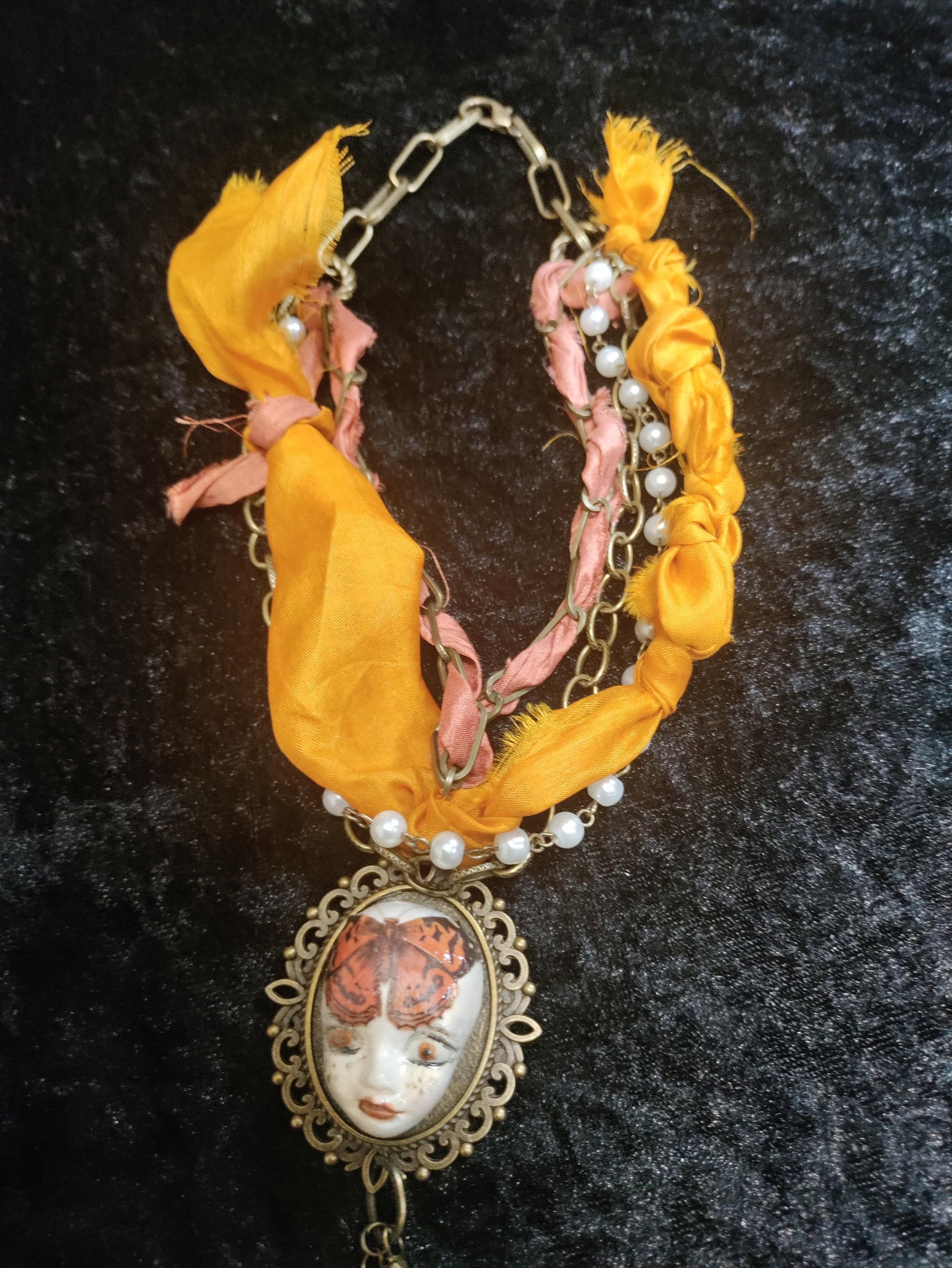 Hand Painted Clay Pixie Bliss Face Pendant NecklaceMonarch Butterfly, Sari Silk & Bronze