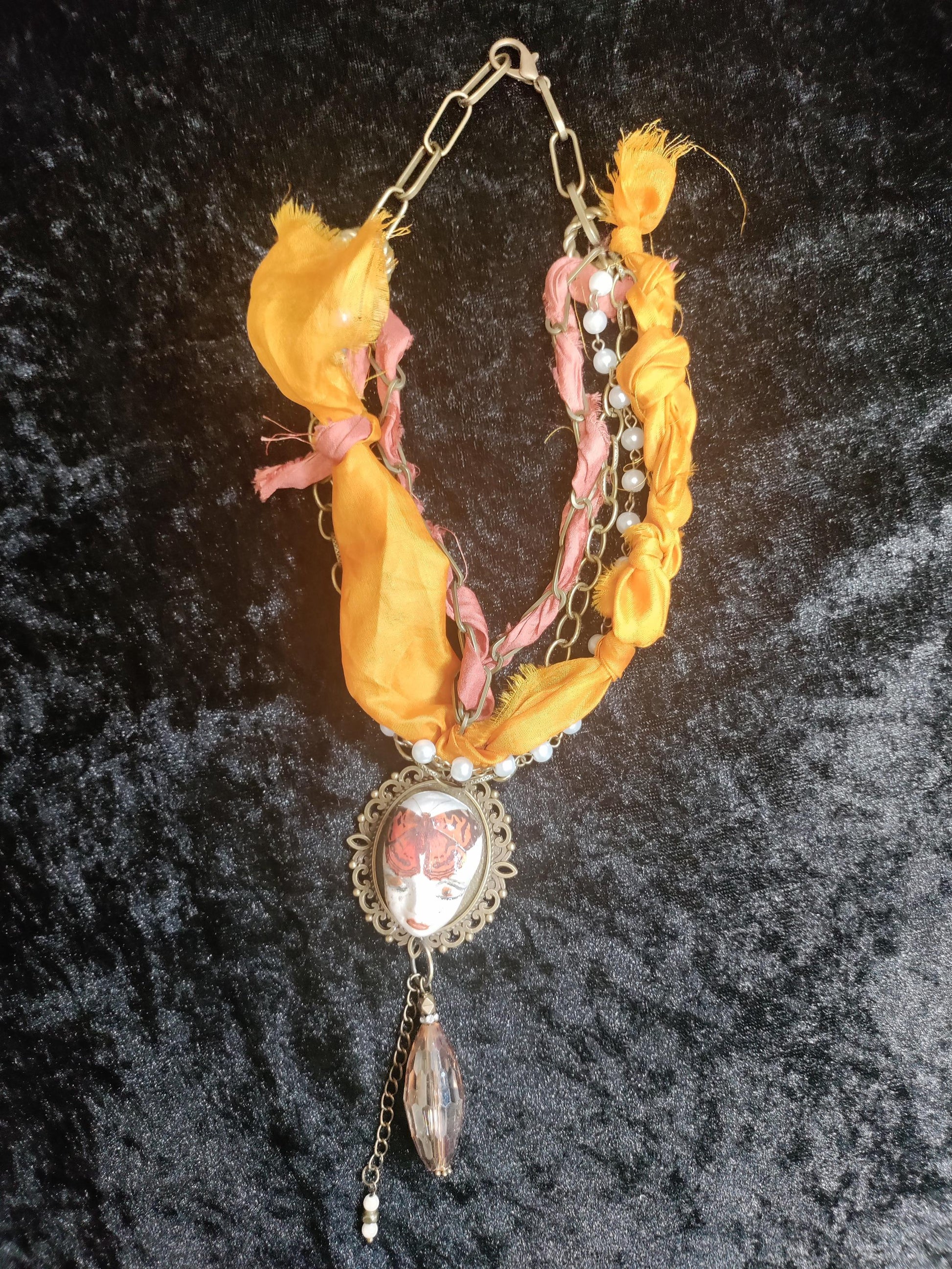 Hand Painted Clay Pixie Bliss Face Pendant NecklaceMonarch Butterfly, Sari Silk & Bronze