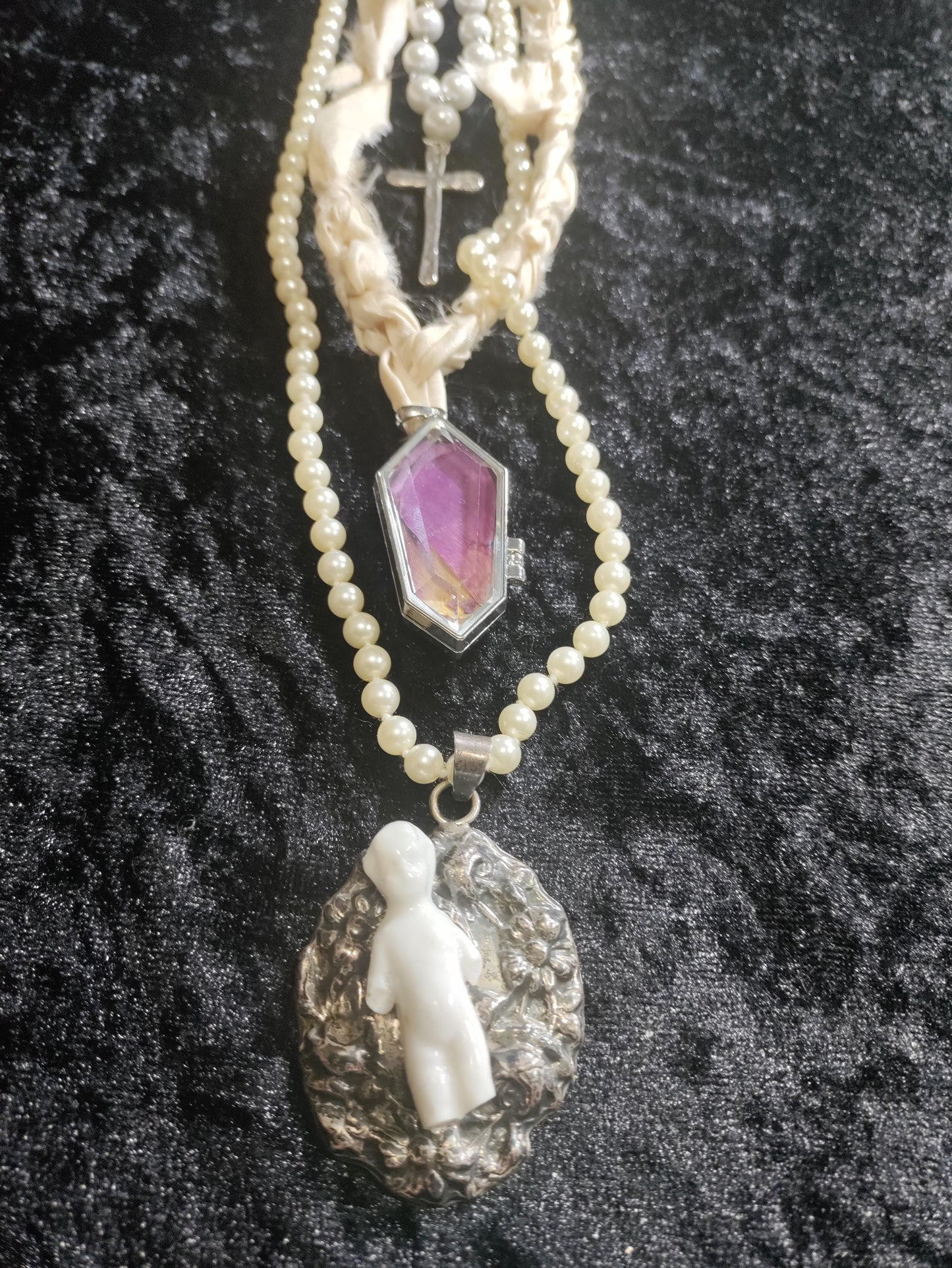 Victorian Frozen Charlotte Doll Necklace: vintage Pearls, Coffin pendant with Roses and the word Love.