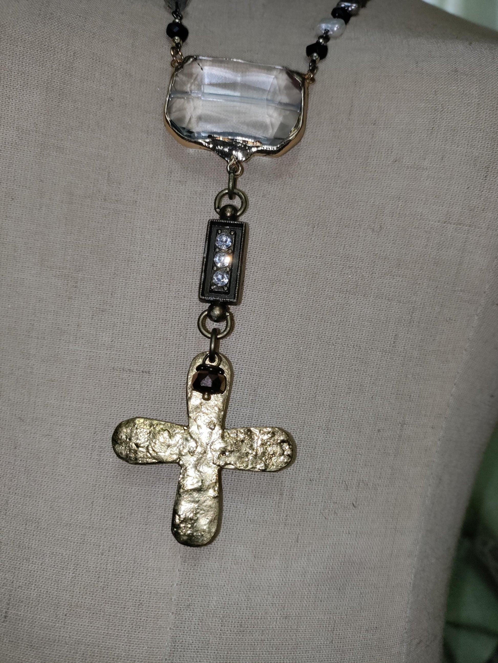 Handmade Crystal Cross Necklace, Glass & Acrylic Beads
