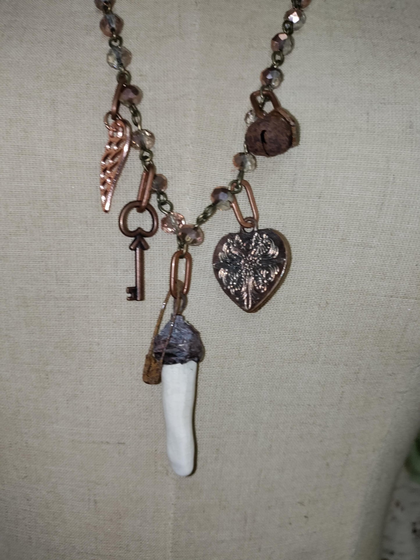 Antique Doll Arm Necklace: Copper, Czech Glass, Gothic Halloween Charm