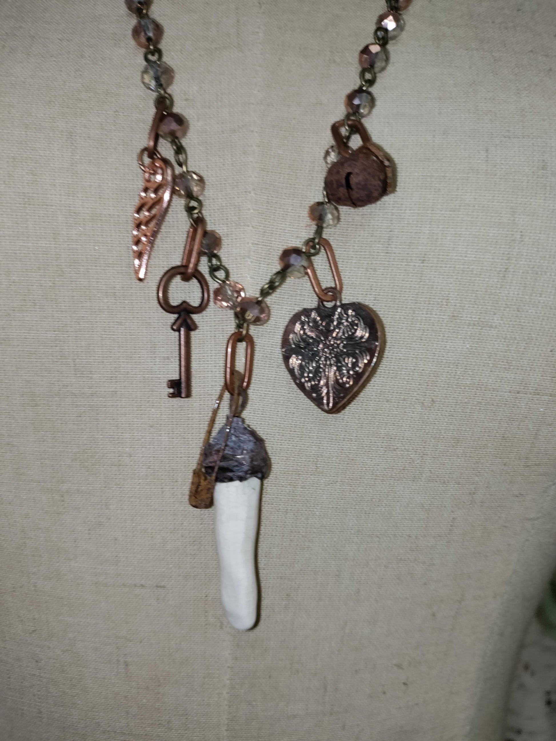 Antique Doll Arm Necklace: Copper, Czech Glass, Gothic Halloween Charm