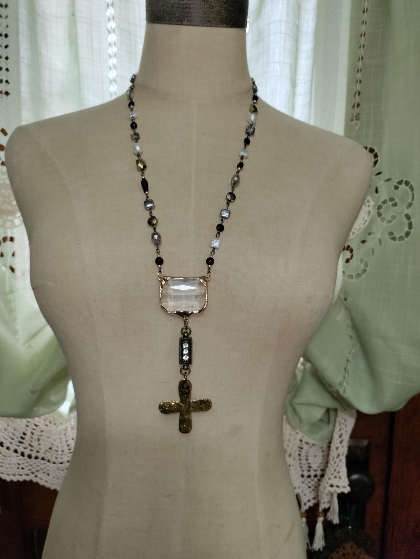 Handmade Crystal Cross Necklace, Glass & Acrylic Beads