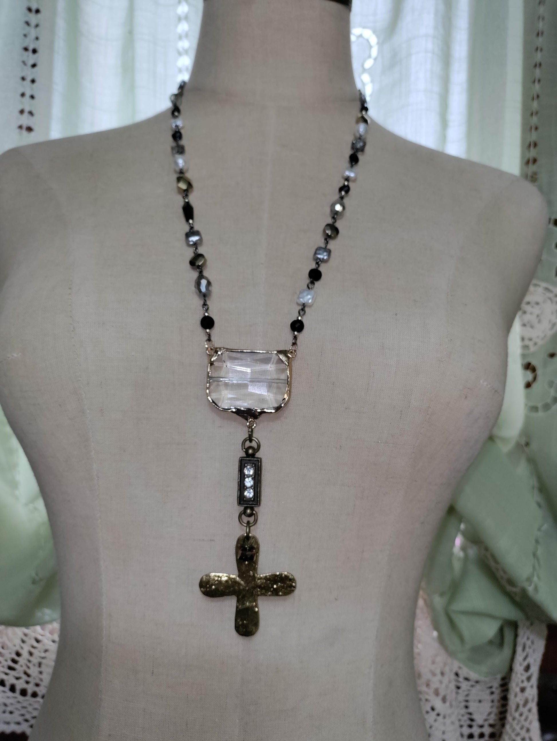 Handmade Crystal Cross Necklace, Glass & Acrylic Beads