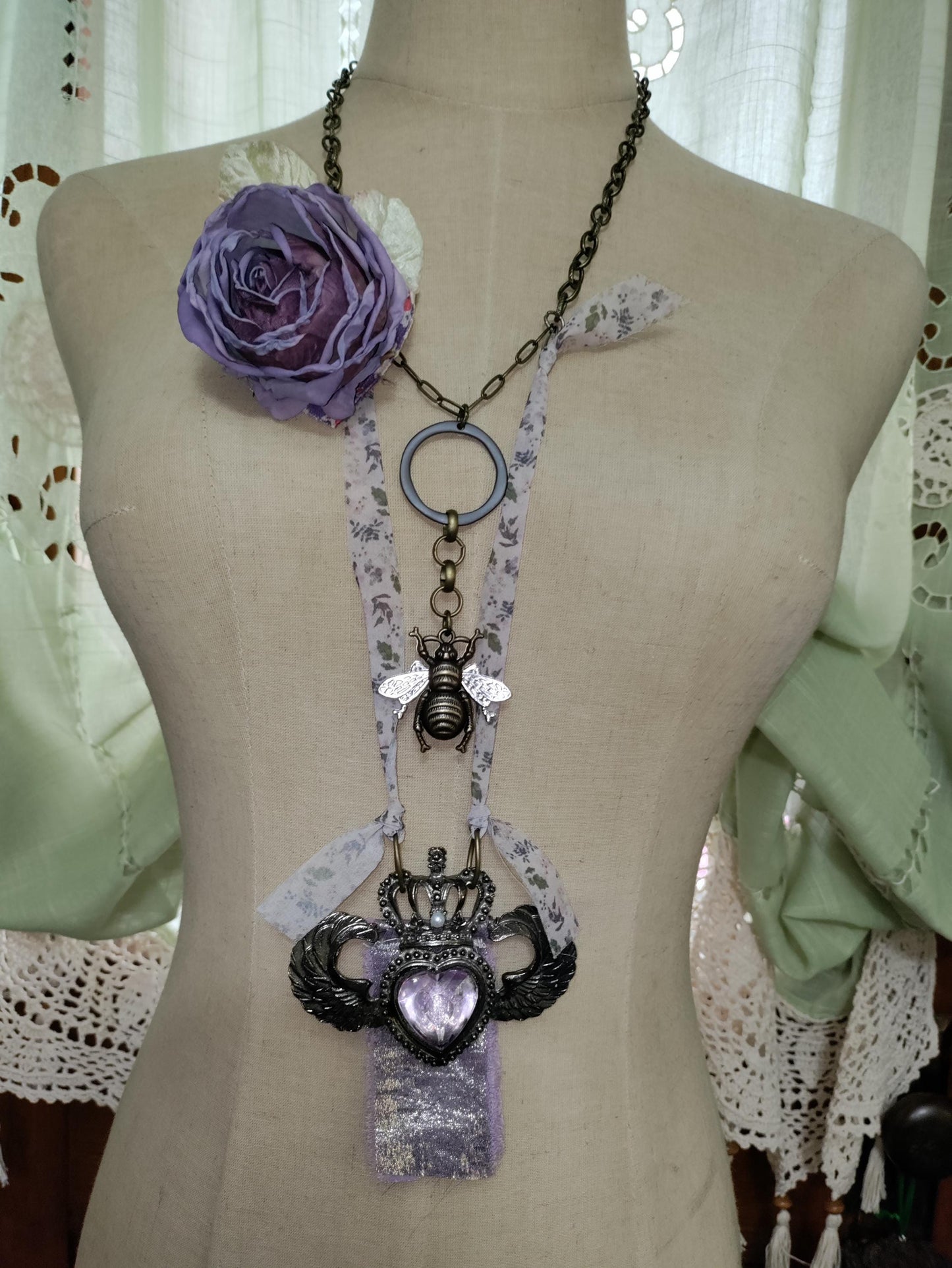 Queen Bee Necklace with Removable rose flower brooch.