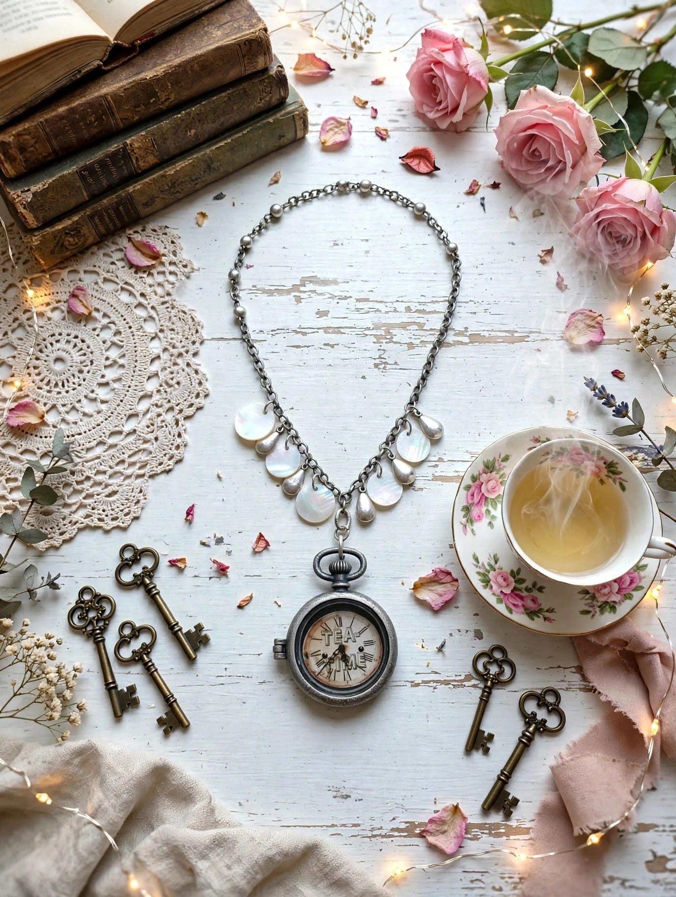 Tea Time Pocket Watch:  Abalone shell and Silver Toned Tear Drops