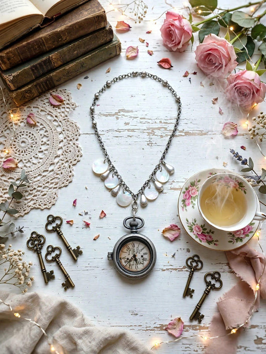 Tea Time Pocket Watch:  Abalone shell and Silver Toned Tear Drops