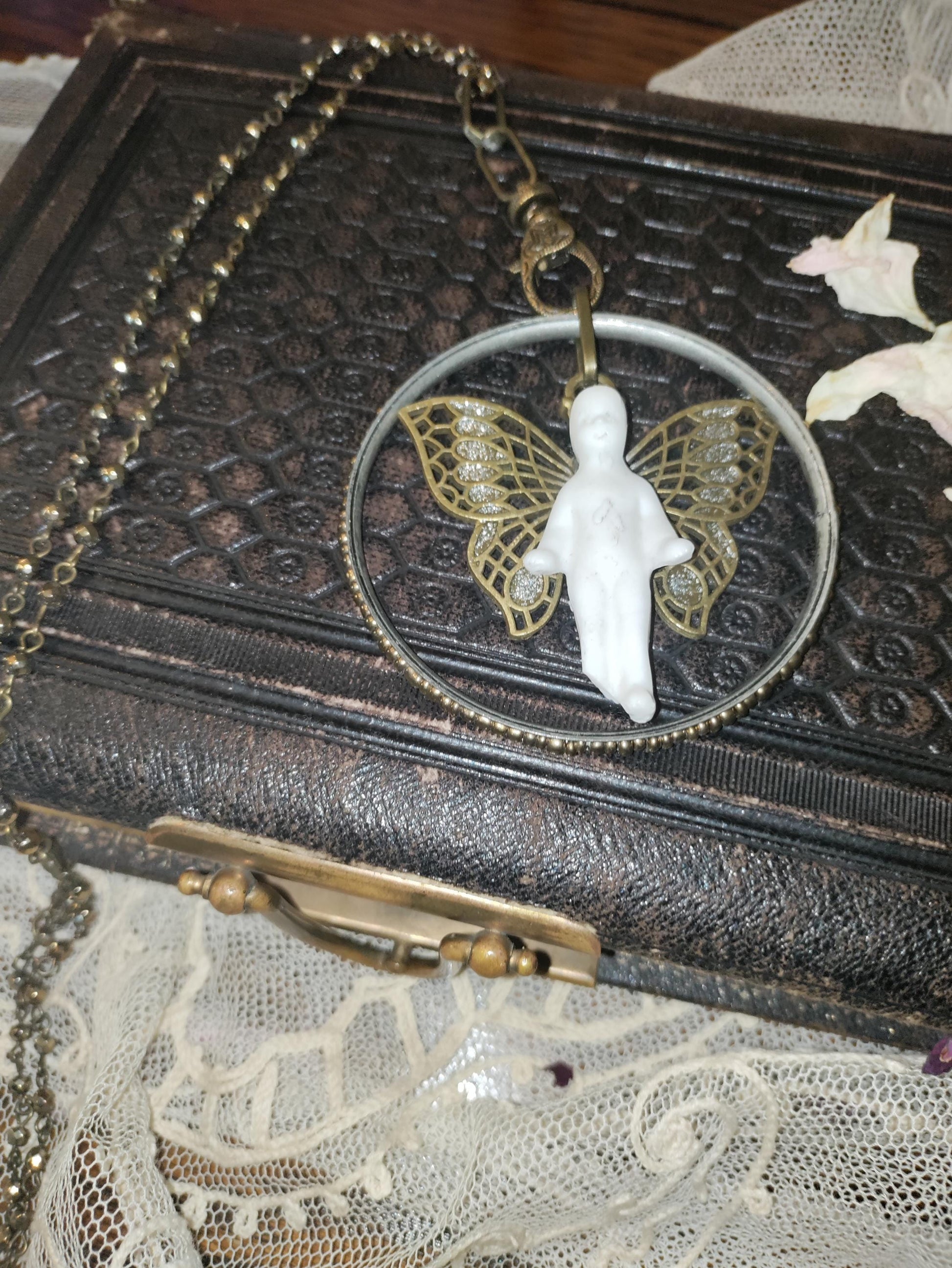 Vintage German Frozen Charlotte Doll Bangle Necklace: Bronze Butterfly Wings