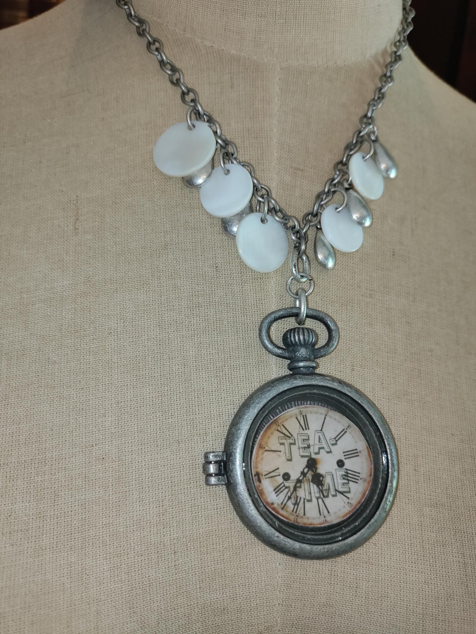 Tea Time Pocket Watch:  Abalone shell and Silver Toned Tear Drops