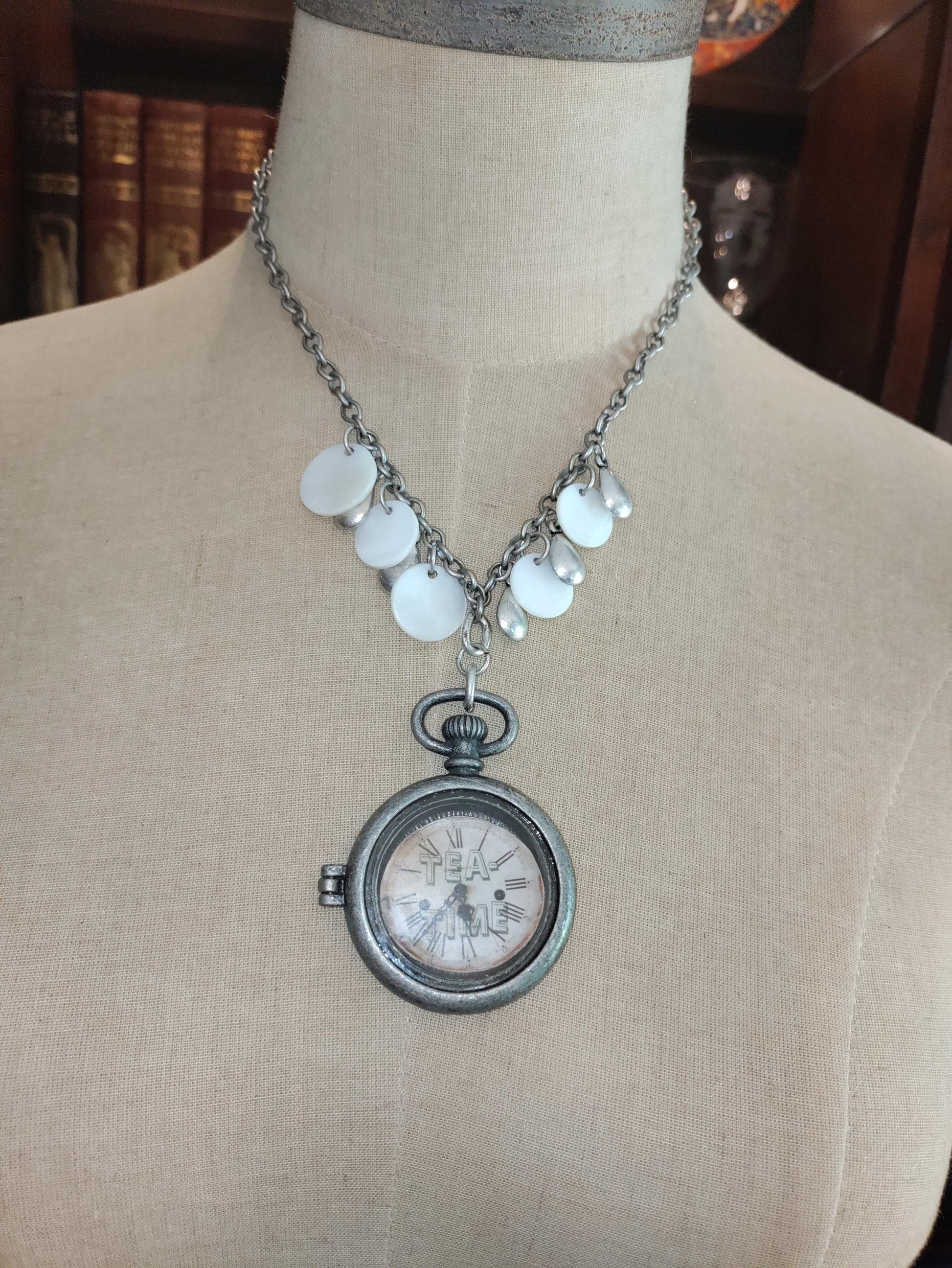 Tea Time Pocket Watch:  Abalone shell and Silver Toned Tear Drops