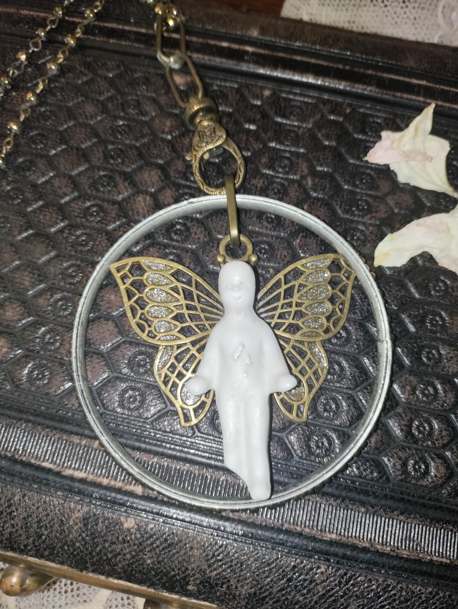 Vintage German Frozen Charlotte Doll Bangle Necklace: Bronze Butterfly Wings