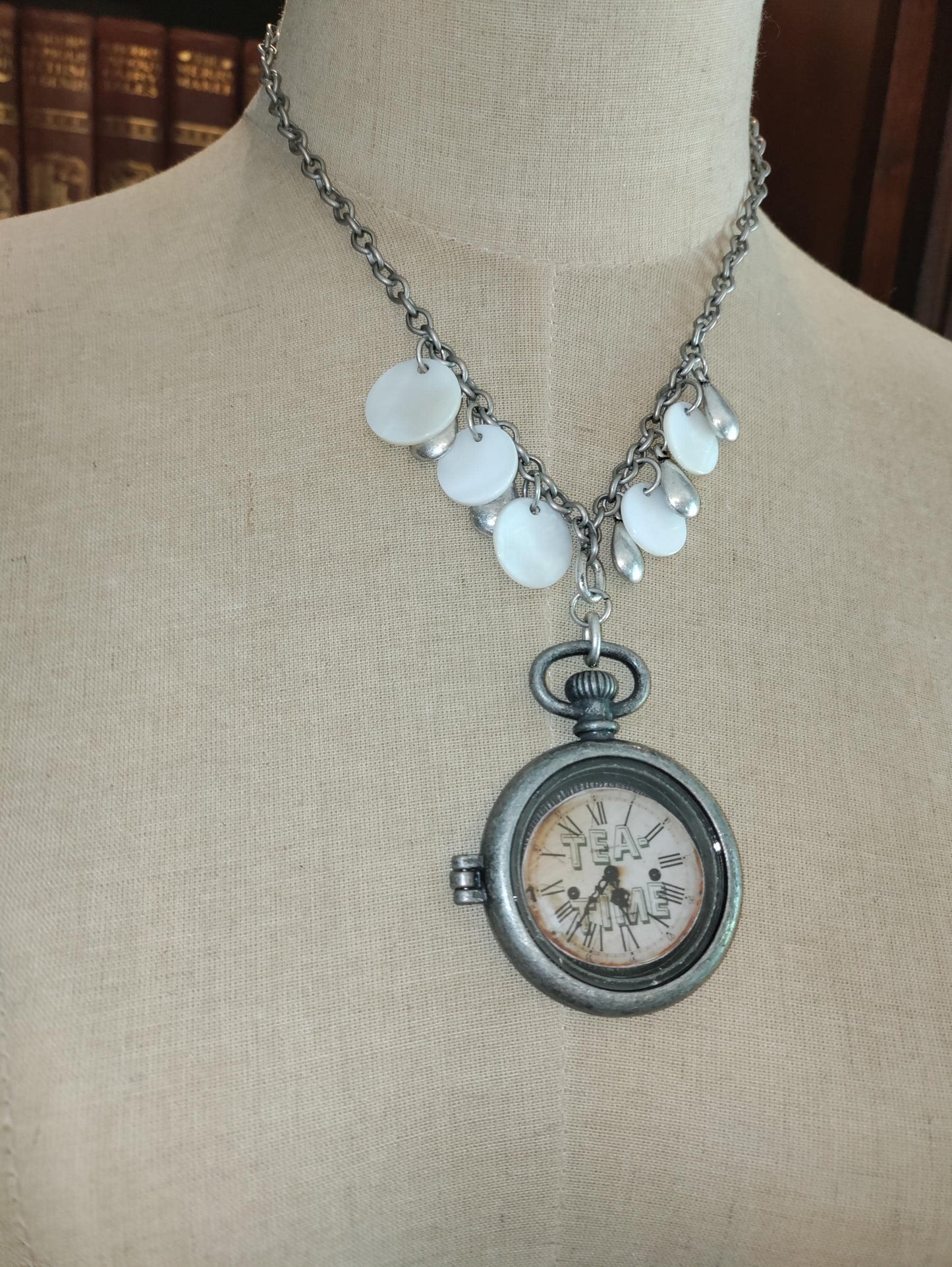 Tea Time Pocket Watch:  Abalone shell and Silver Toned Tear Drops